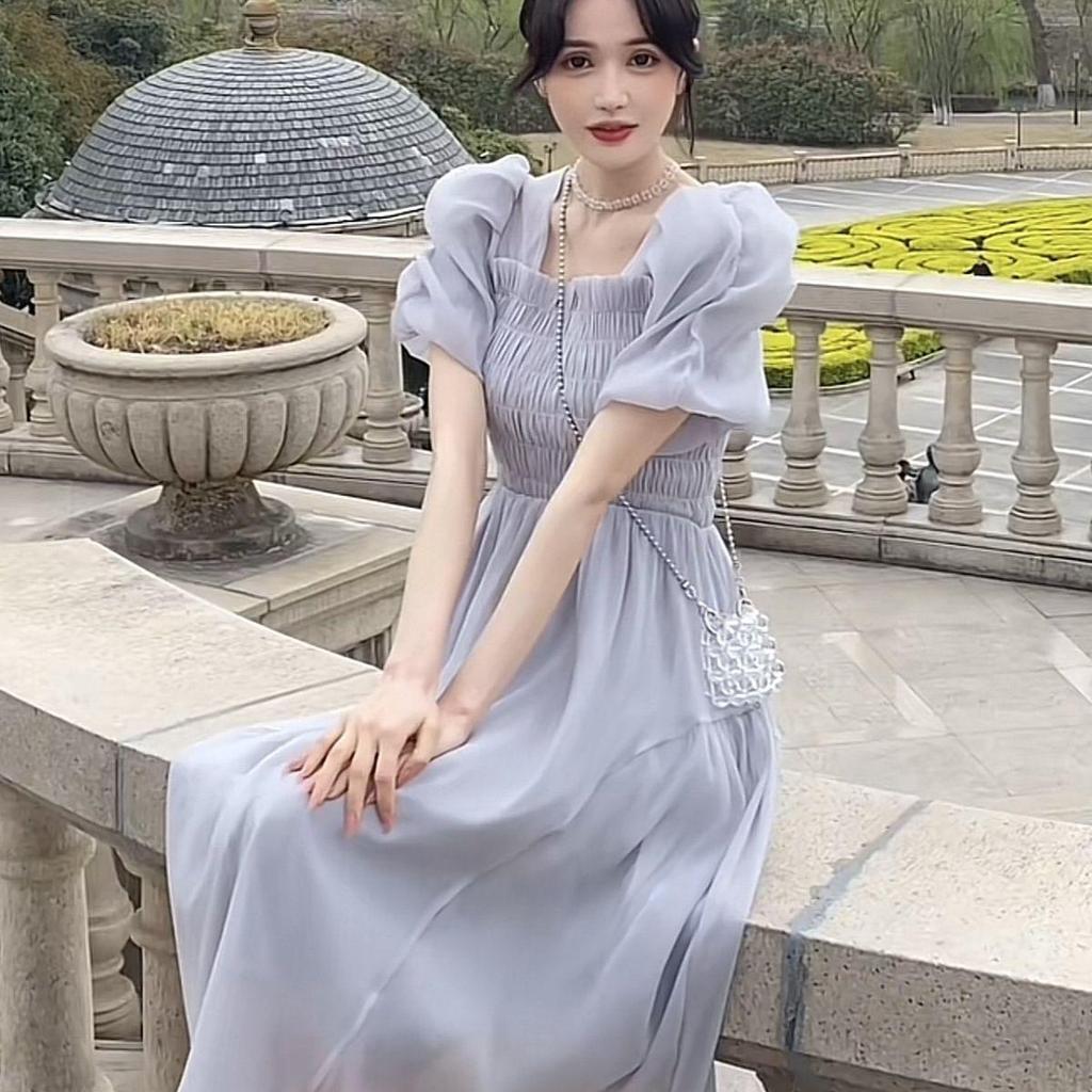 Gentle Style Summer Dress: French Square Neck, Puff Sleeve, Slim Fit, Campanula Style.