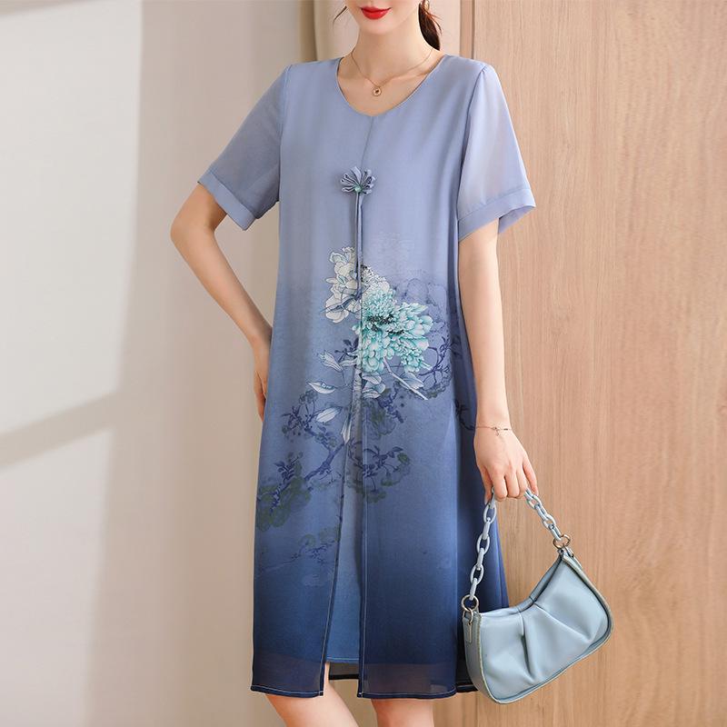 Elegant Chiffon Qipao Dress for Middle-Aged Women - Stylish Mid-Length Summer Design