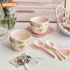 2/4Set Cute Pink Strawberry Ceramic Bowl Kawaii Ceramic Anti-scald Soup Bowl Home Kitchen Noodle Ramen Tableware Bowl
