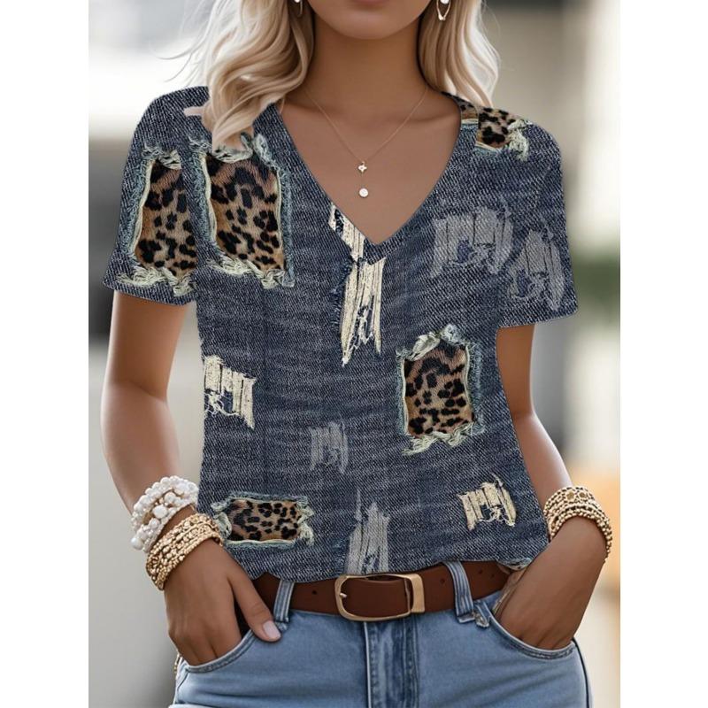 Women s Distressed Denim Leopard Print Vneck Tshirt, Suitable for Party Wear, with a Streetwear and Casual Chic Style S