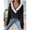 European Style Loose Fit V Neck Beaded Pullover Sweater For Women