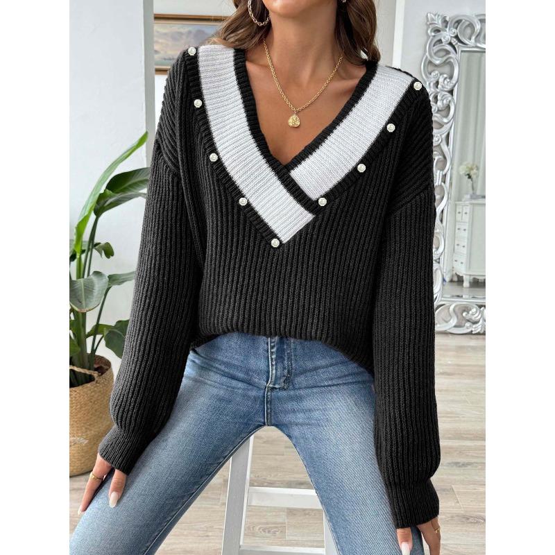 European Style Loose Fit V Neck Beaded Pullover Sweater For Women