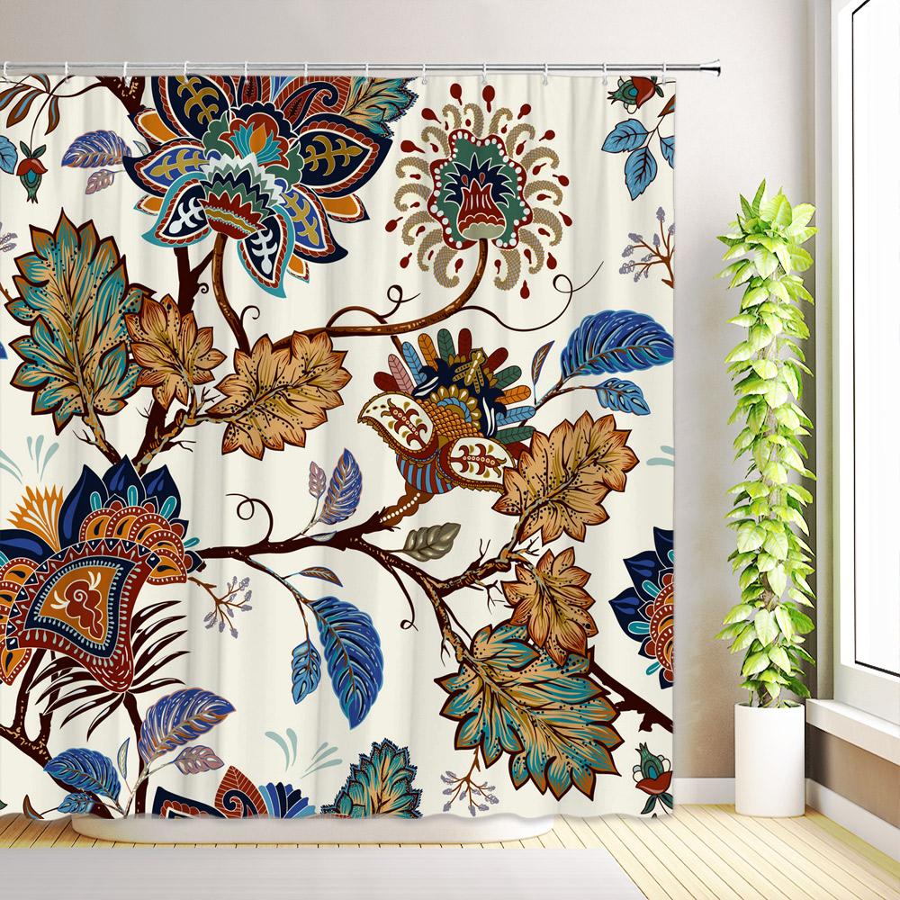 Boho Floral Shower Curtain Hummingbird Modern Abstract Flowers Plant Tropical Leaves Butterfly Bathroom Curtains with Hooks