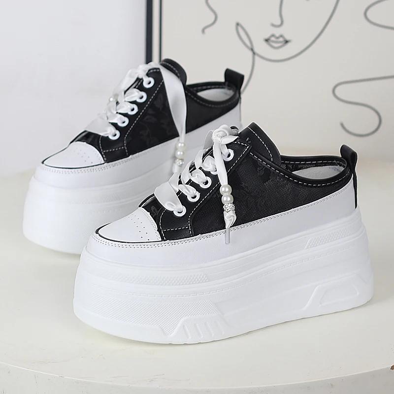 

Fashion 12CM Slides Sneakers Slip on Microfiber Leather Women Summer Shoes Wedge Fashion Air Mesh Glitter Platform Slippers Sandals 34 чёрный