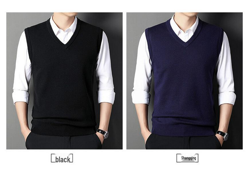Men's Wool Blend V-Neck Sleeveless Cardigan Vest for Middle-Aged and Elderly