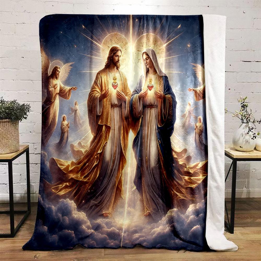 Sacred Heart Jesus Mary Angel Blanket  Printed Blanket for Living Room Bed Couch lunch break Soft Cozy Blanket for Friend's festival Gift
