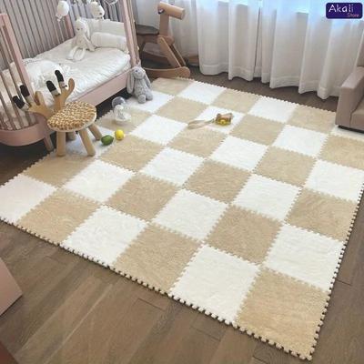 4/12 Stück Plüsch Puzzle Schaumstoff Bodenmatte Weiche Flauschige Ineinandergreifende Quadratische Schaumstofffliesen Bereichsteppiche Teppich für Wohnzimmer Schlafzimmer Dekoration