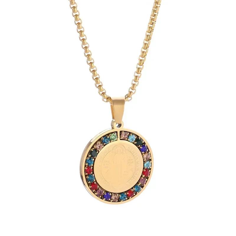 Stainless Steel Colored Zircon Saint Benedict Cross Medal Pendant Necklace Women's Fashion Lucky Amulet Jewelry
