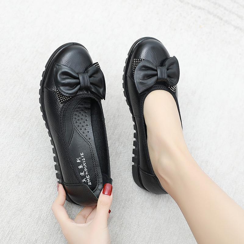 Big size 42 genuine leather ladies shoes spring bow-tie shallow loafers soft bottom mom's flats office lady dress shoes