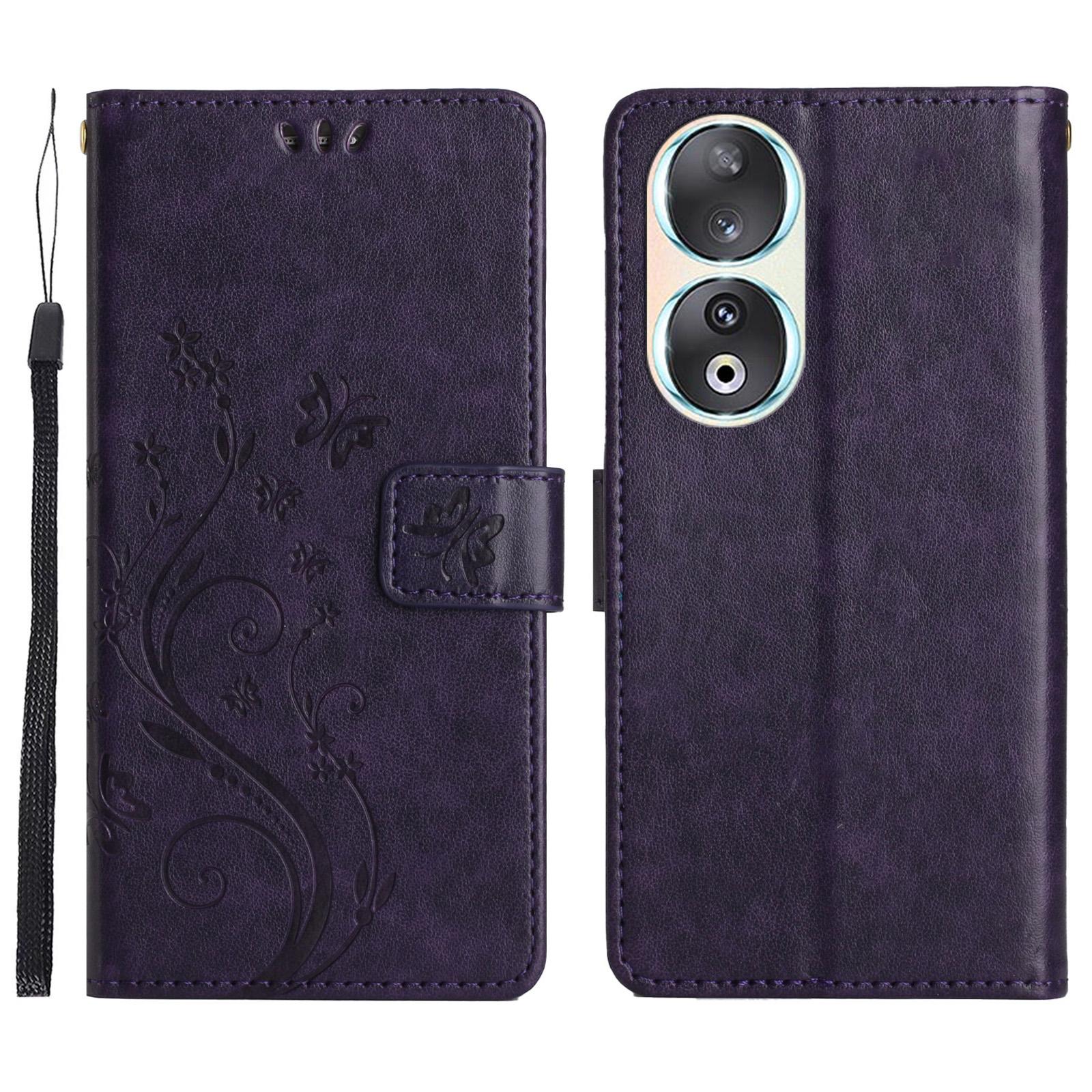 

For Honor 90 PU Leather Wallet Cover Drop-proof Butterfly Imprinted Flip Stand Phone Case Dark Purple