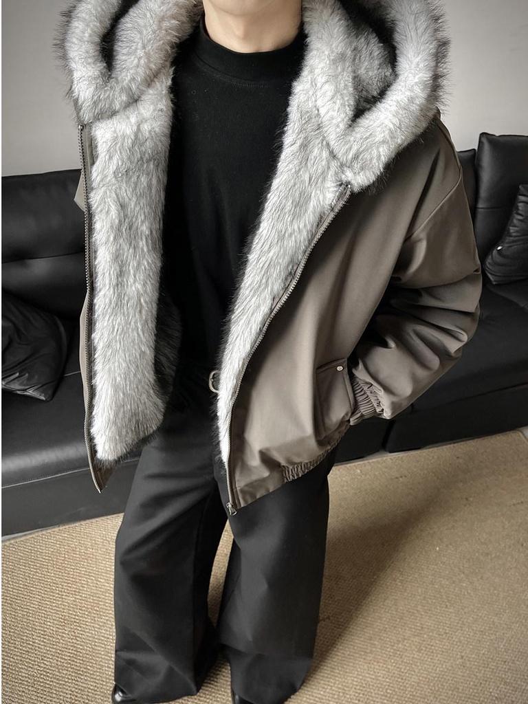 Men's Winter Polar Wolf King Heavyweight Mink Fur Hooded Jacket with Large Collar, Plus Velvet Thickened for Warmth.