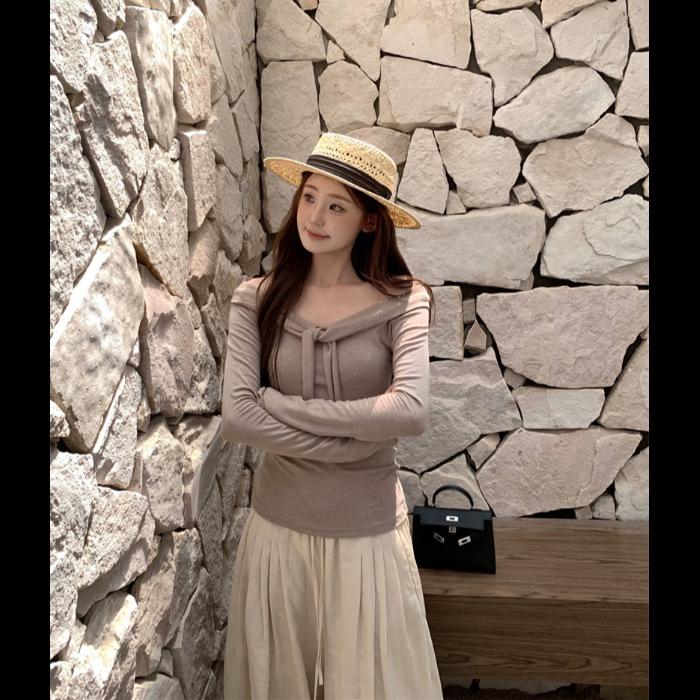 One-Shoulder Lace-Up Slim-Fit Long Sleeve T-Shirt for Women - Stylish Autumn/Winter Layer S верблюд