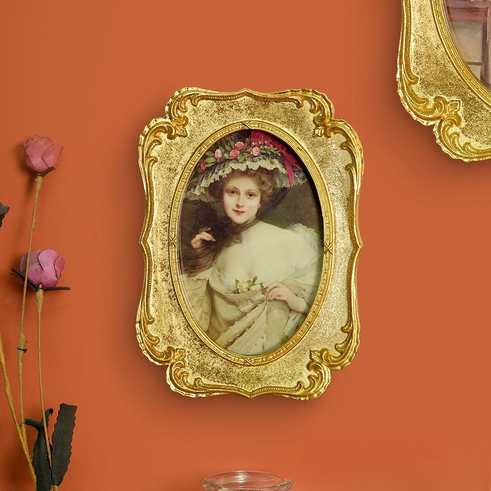 Vintage Gold Oval Picture Frame Antique Ornate Table Wall Mounting Retro Photo Frame for Home Office Decor Old-Fashioned Art
