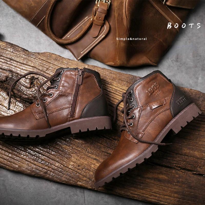 New Leather Men Ankle Boots Plus Size High Top Outdoor Work Footwear  Motorcy Clevintage Cowboy Boots Fashion Men's Casual Shoes