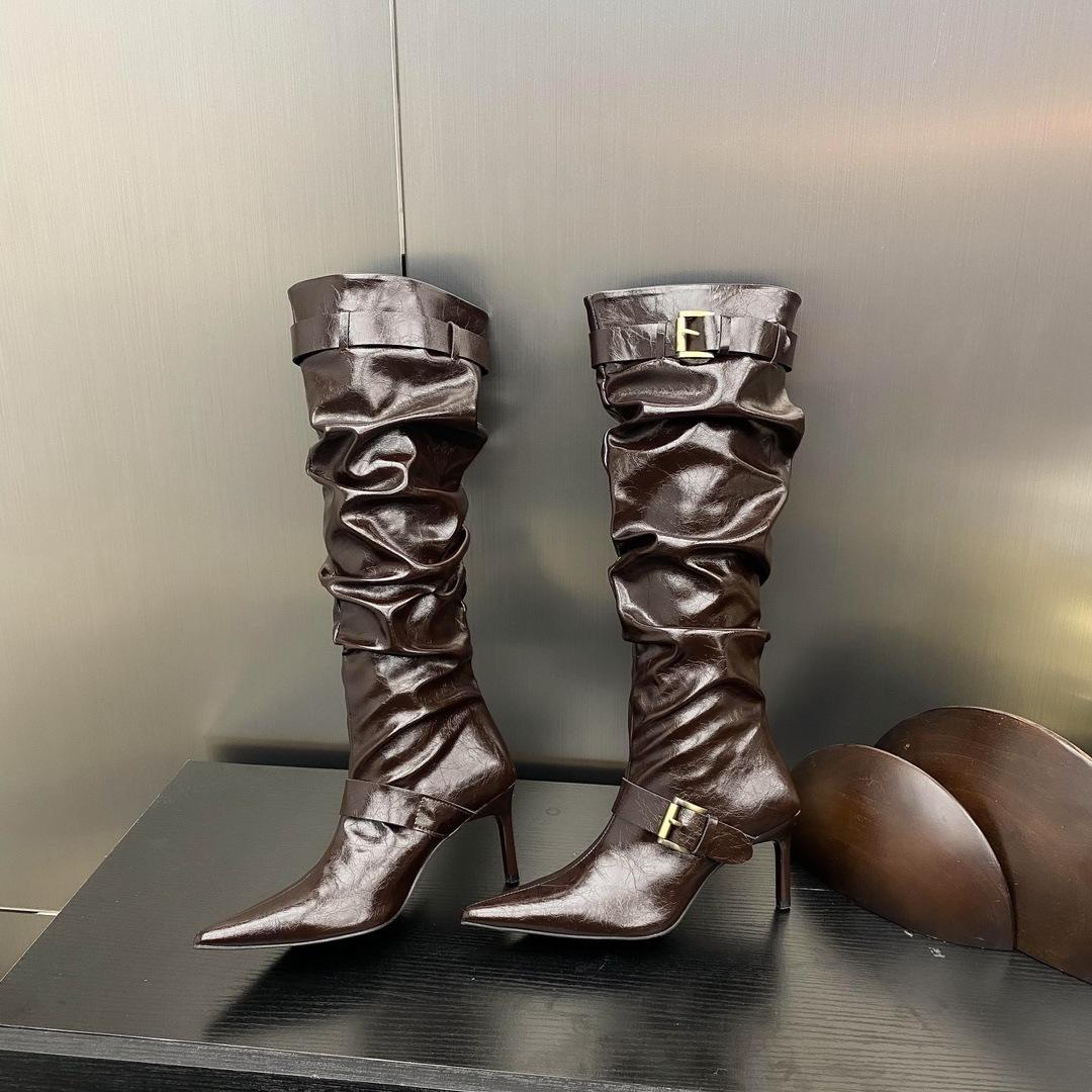 

осень 2025 европейский и американский стиль острый носок пряжка ремня каблук-рюмочка тонкий каблук сапоги 39 темно-коричневого