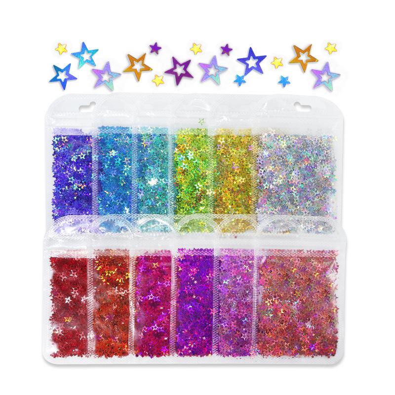 2g/ Bag Hologram Mixed Holloway Pentacle Nail Glitter Flash PET Flake Shaped Glitter for DIY Gel Nail Decoration Accessories