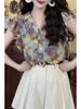Retro Hong Kong Floral V-Neck Puff Sleeve Short-Sleeve Women's Shirt