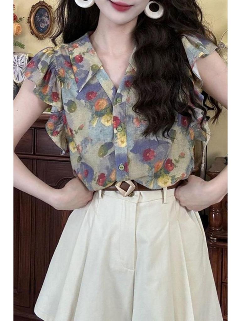 Retro Hong Kong Floral V-Neck Puff Sleeve Short-Sleeve Women's Shirt