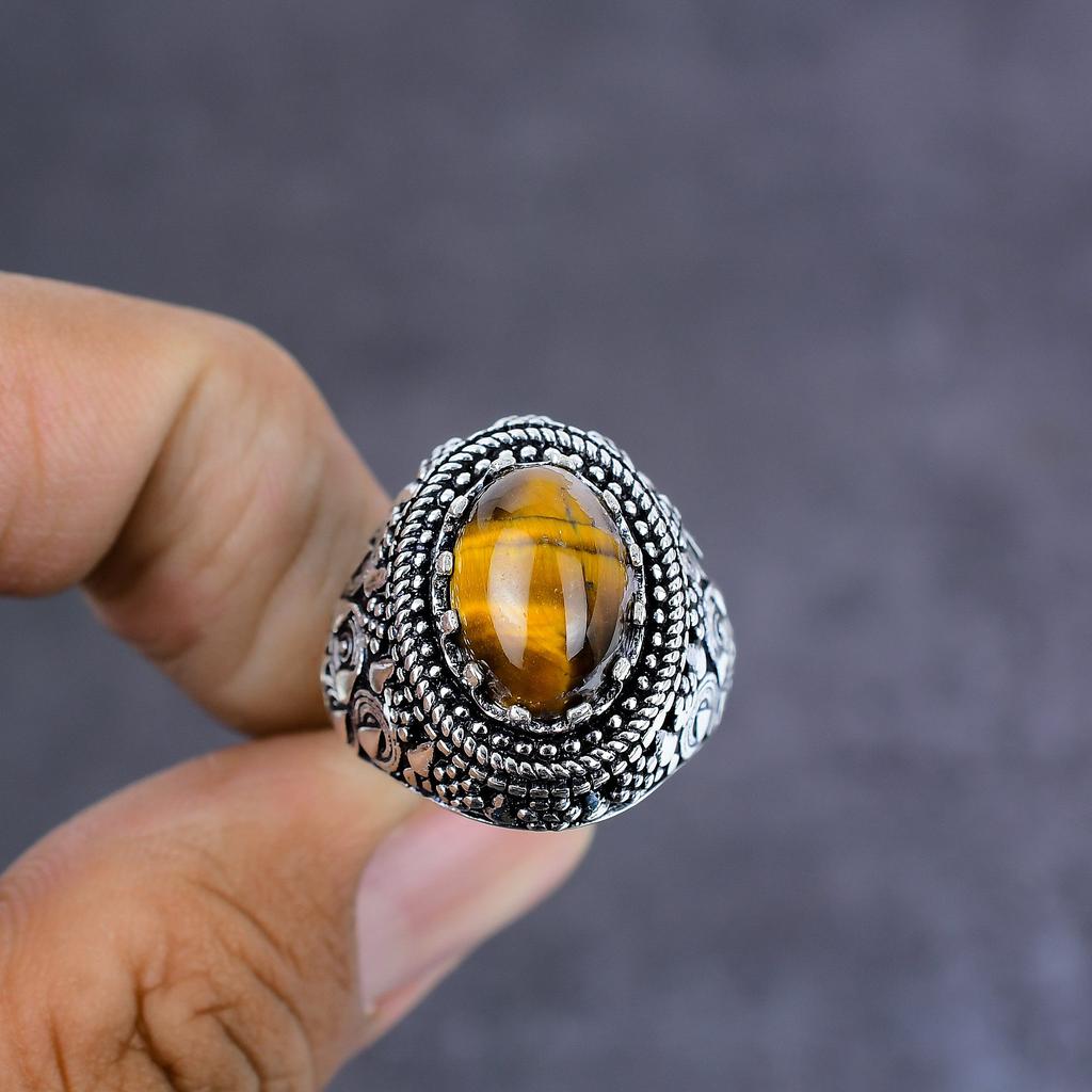 Natürlicher Tigerauge Edelstein Handgefertigt 925 Sterling Silber Schmuck Ring Größe 6 P8w56