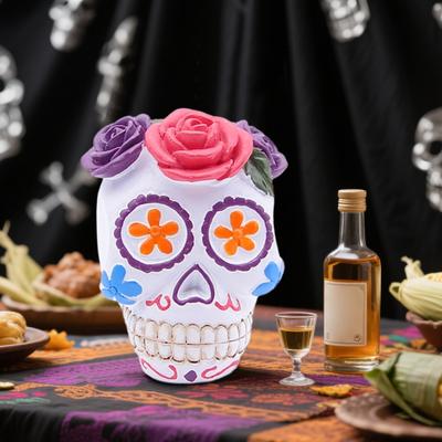 Day of The Dead Floral Skull Statue Colorful Flower Patterned Human Head Bone Model Resin Sugar Skull Figurine for Halloween Home Tabletop Decor