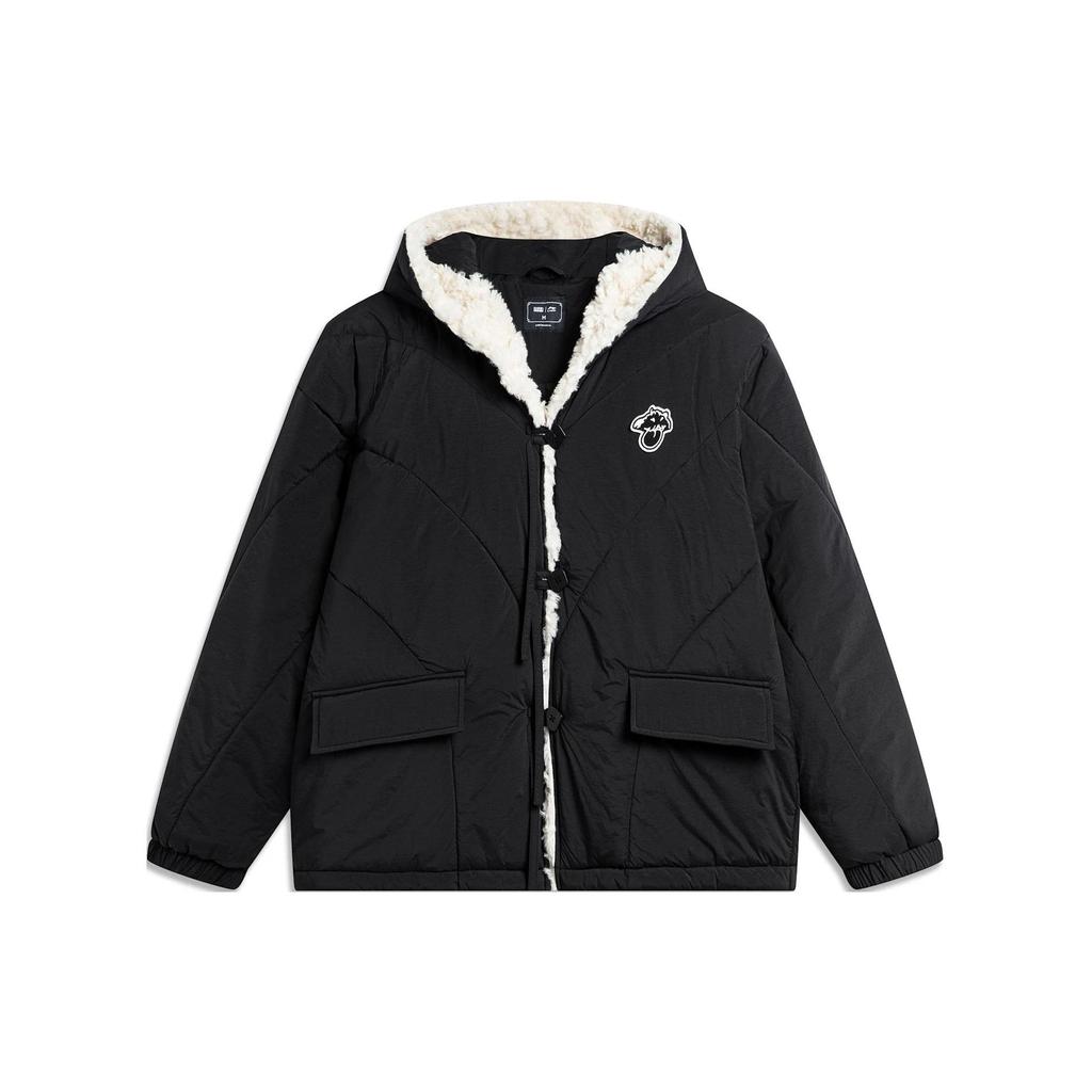 Li Ning X League Of Legends Poro Series Solid Color Faux Lamb Wool Loose Short Cotton Jacket Women Jackets Black Cream AJMT312-3