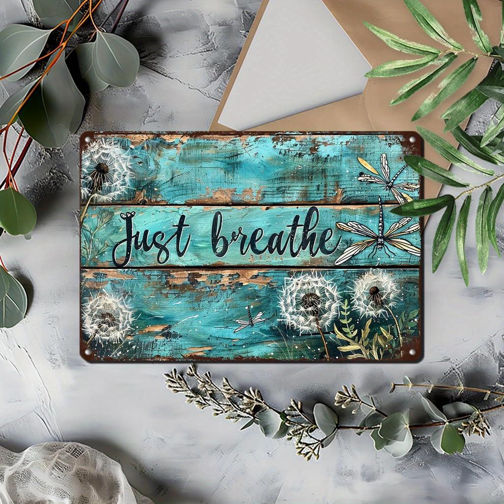 D Retro Bohemian Metal Wall Art Sign x Dandelion Dragonfly Floral Design with Just Breathe Motto Turquoise Blue