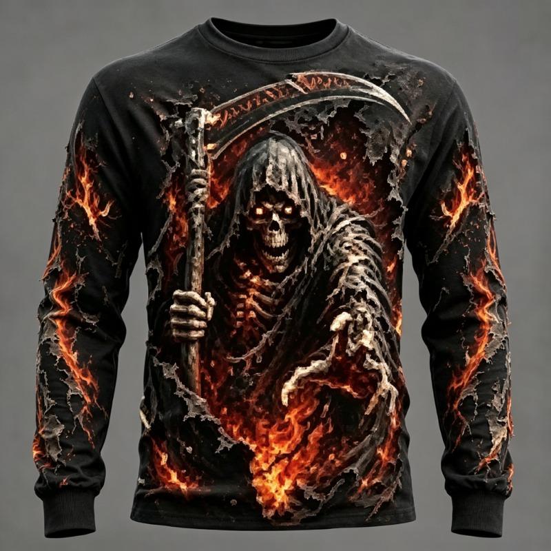 Men's Long Sleeve T-Shirt 3D Grim Reaper Pumpkin Print Gothic Halloween Crew Neck Top