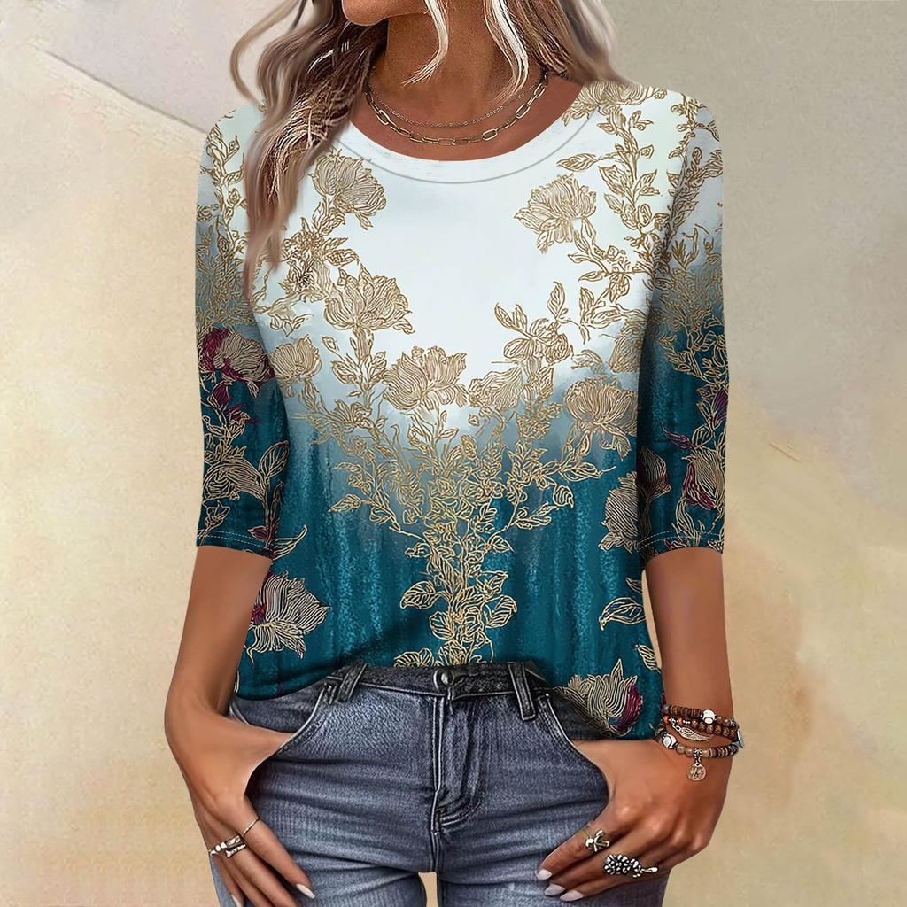 Módní vintage top s 3/4 rukávem pro ženy, dámská ležérní halenka s tříčtvrtečním rukávem a kulatým výstřihem s potiskem