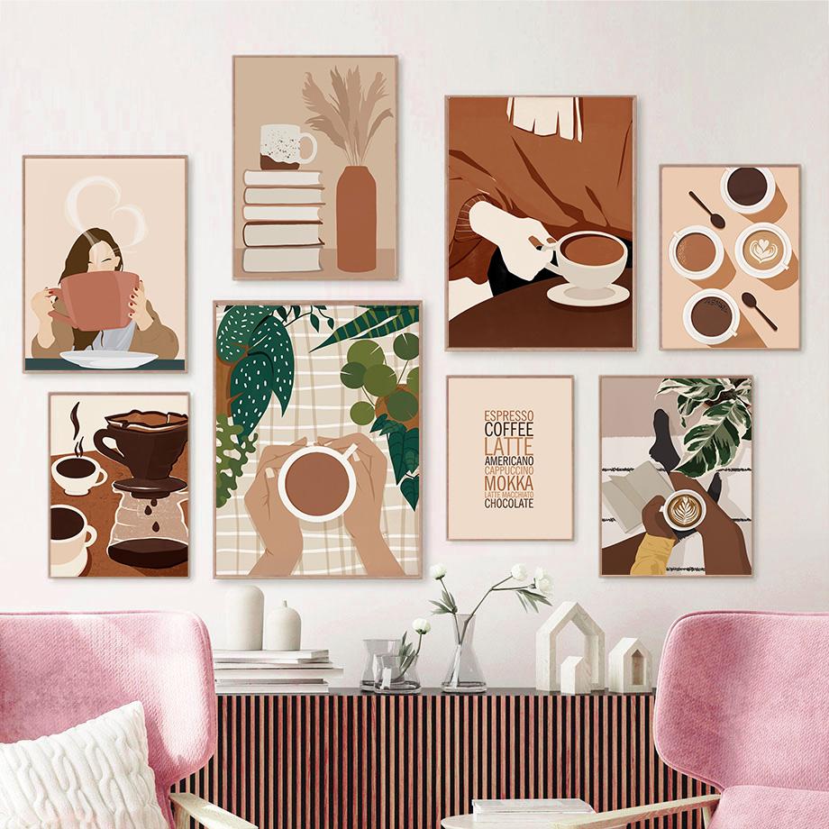 Módní dívka Kniha Kávový šálek Život Nástěnné umění Plátno Malba Abstraktní plakáty a tisky Hotel Kavárna Nástěnný obraz Vnitřní dekorace pokoje