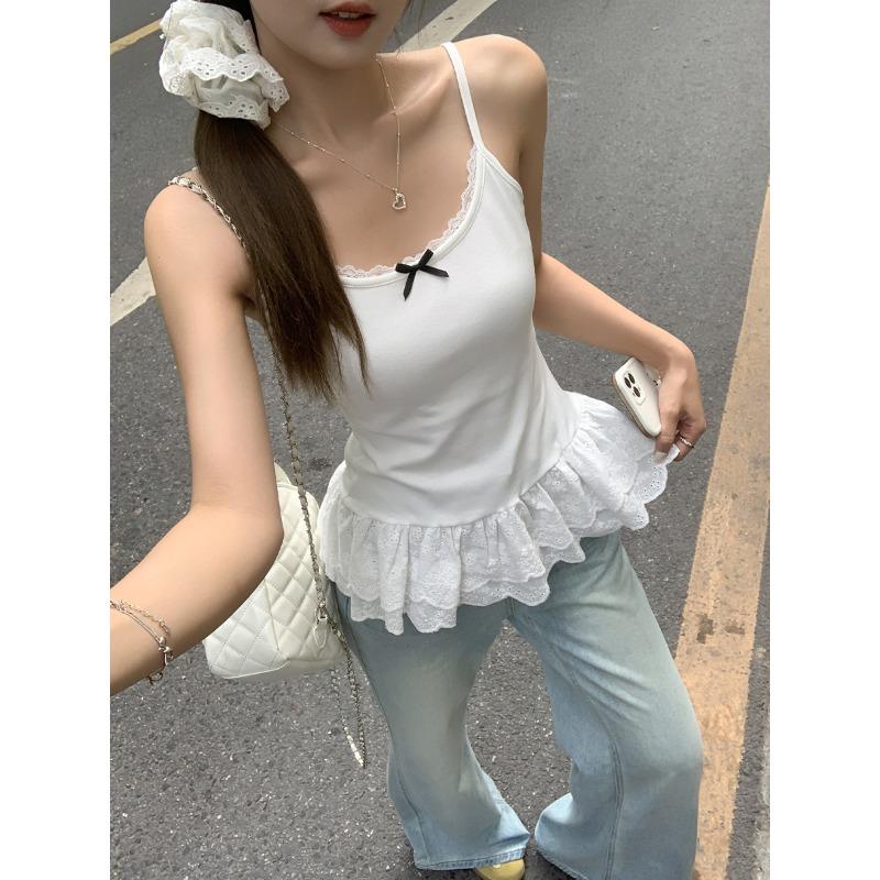 White Lace Splicing Sling Vest Women's Summer New Bow Slim Slim Top