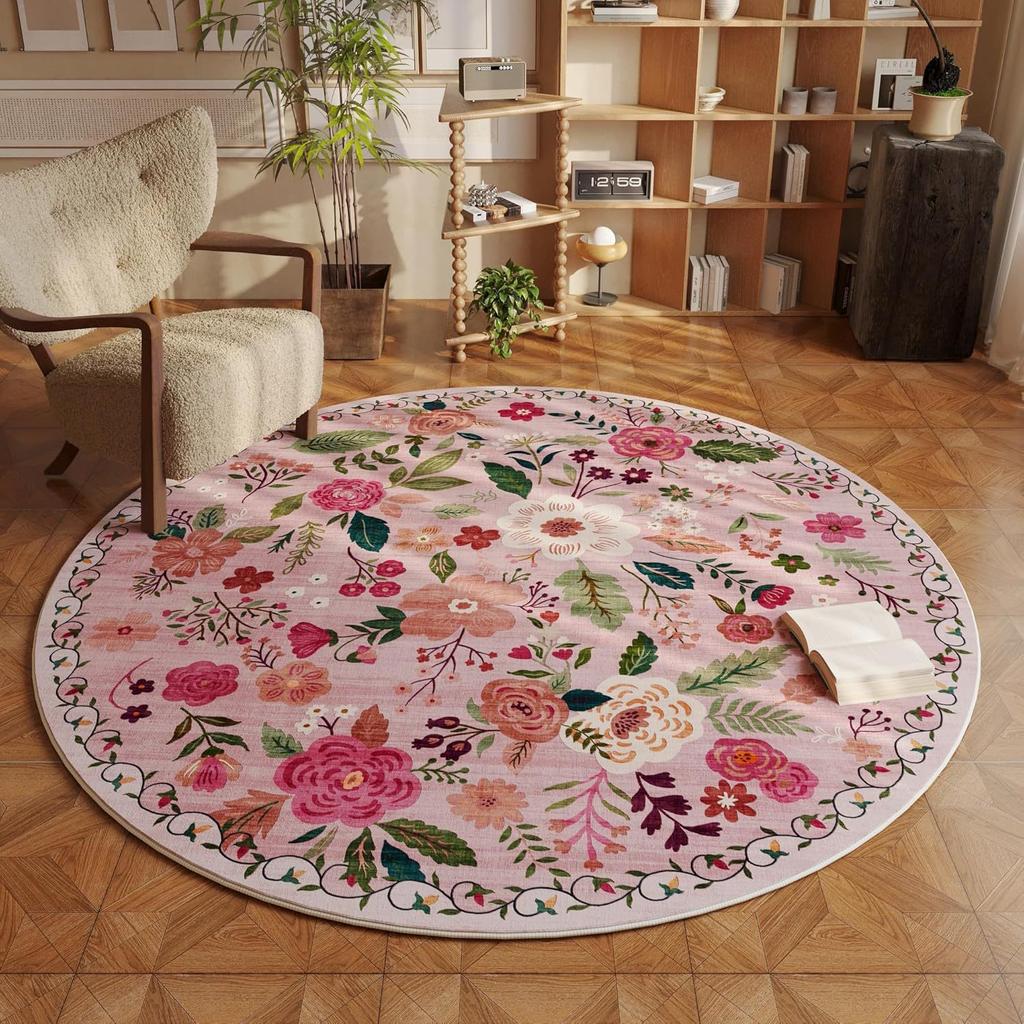 Flower Print Round Carpet Boho Vintage Style Home Decor Floor Mat Living Room Study Bedroom Entryway Terrace Non-slip Rug