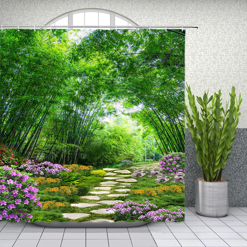Natural Scenery Shower Curtains Green Tree Floral Plant Landscape Pattern Spring Summer Bathroom Decor Polyester Cloth Curtain