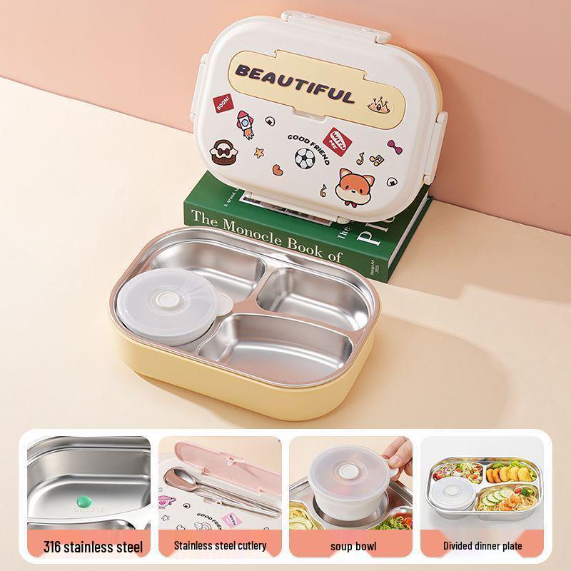 Boîte à lunch Bento pour enfants, à couvercle rabattable, en acier inoxydable 316, compatible micro-ondes, avec compartiments pour les aliments, à décorer soi-même et décorée de dessins animés.