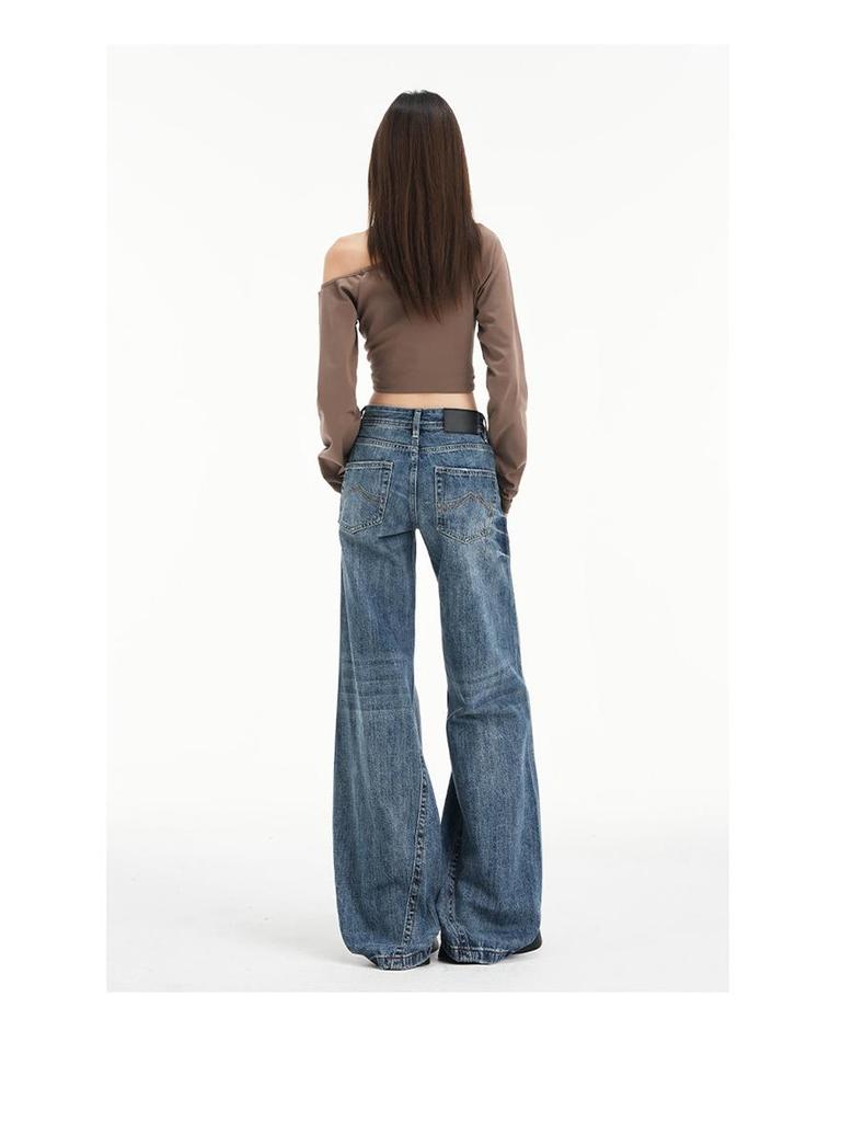 Women's American Retro Micro Flare Jeans - Fall 2025, Lightning Crack Design, Loose Fit, Wide Leg, Slimming Style.