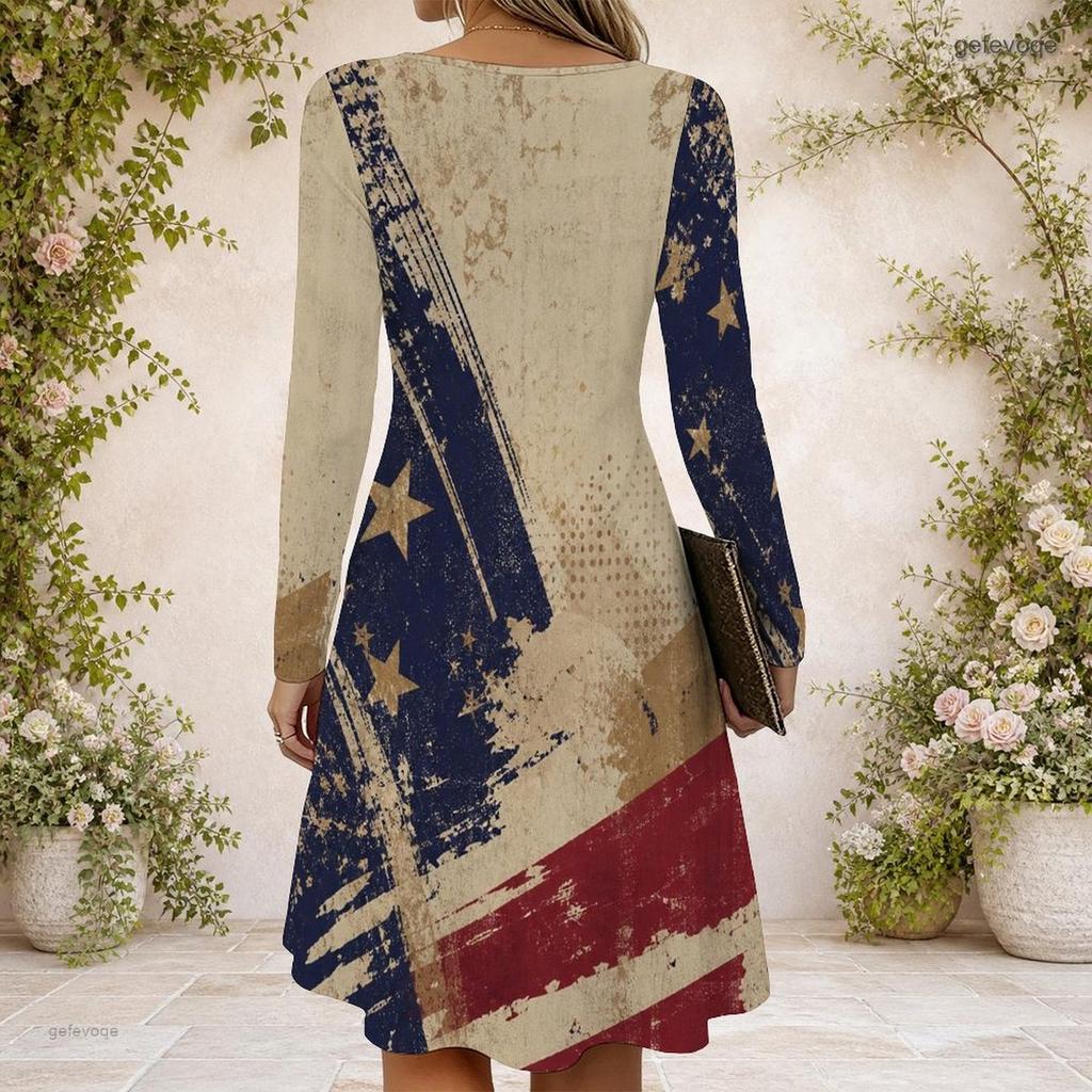 Women Criss Cross V Neck Long Sleeve American Flag Printed Curved Hem Dress