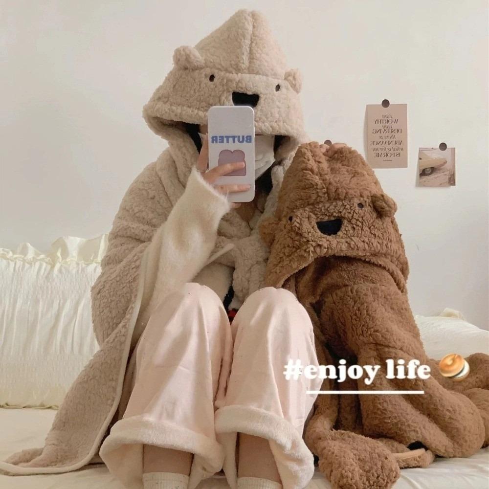 Kawaii Bear Hooded Blanket Fleece Material Blanket Shawl Ins Style Wearable Blanket Living Room