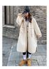 Beige Hooded Lambswool Mid-Length Coat: Thick Korean Style, Loose Fit, Plush Outerwear for Autumn/Winter.