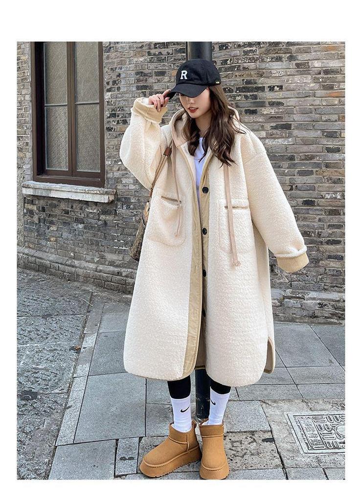 Beige Hooded Lambswool Mid-Length Coat: Thick Korean Style, Loose Fit, Plush Outerwear for Autumn/Winter.