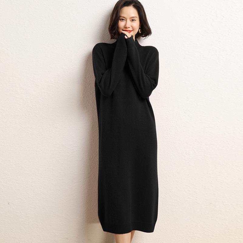 Fall/Winter Cashmere Over-the-Knee Long Skirt Dress with Half-High Collar – Loose, Casual Knit Style