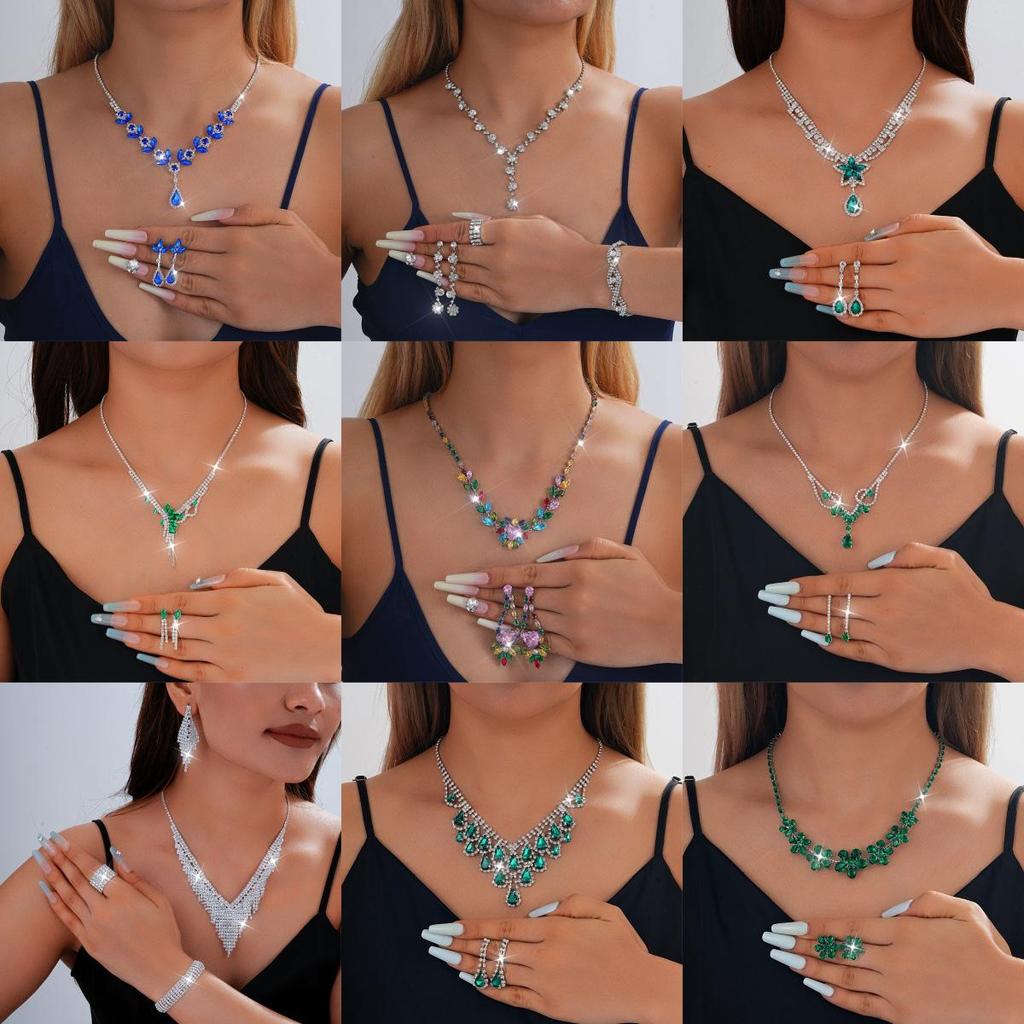 European-American Rhinestone Teardrop Necklace & Earring Set: Korean-Style Bridal Temperament Collarbone Chain Jewelry for Women