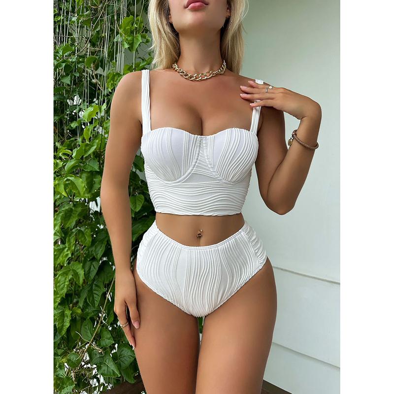 New Wrinkled Underwired Female Swimsuit High Waist Bikini Women Swimwear Solid Bikini Set Bather Bathing Suit Swim Female