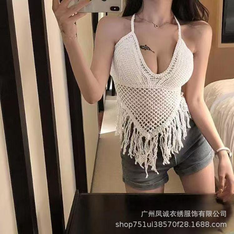 Be careful with the machine versatile vacation women's summer new suspender hollow crochet embroidery short vest women