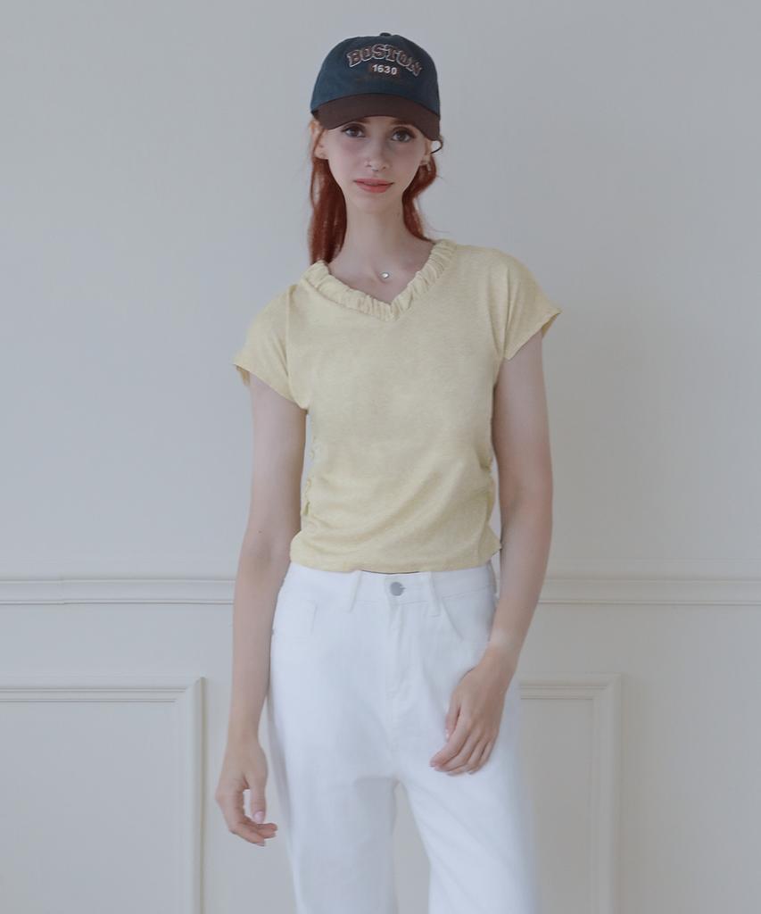 Keulleiseu Shirred V-Neck Short Sleeve T-Shirt_White