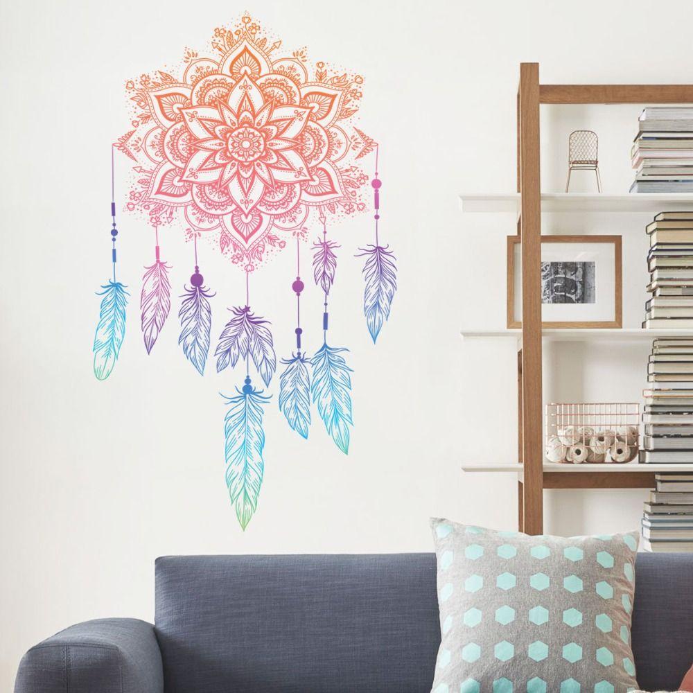4pcs/set Wallpaper Bohemian Art Sticker Home English Wall Decal Lotus Feather Sticker  Bohemian