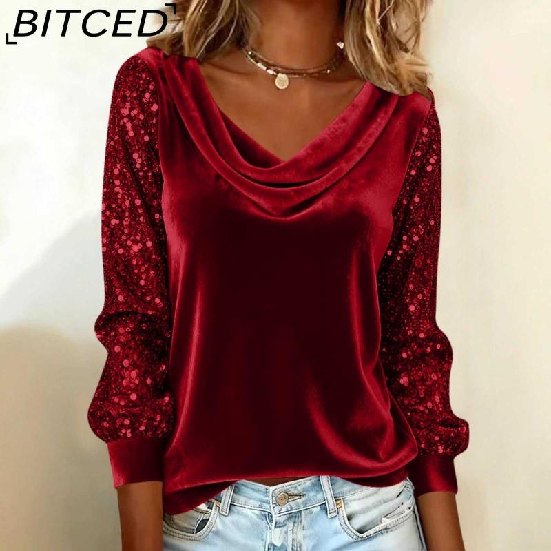 BITCED Fashion Women's Velvet Sequined Patchwork Long-Sleeved T-Shirt Top