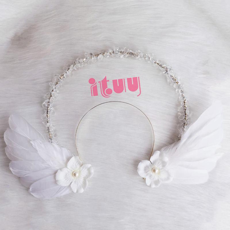 Lolita White Angel Wings Virgin Mary Bead Chain Baroque Halo Tiara Hair Accessory Virgin Mary Sun Godmother's Crown KC Headwear