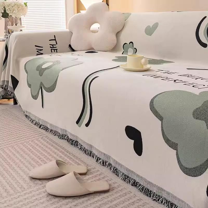 Anti Cat Scratch Sofa Towel with Tassel Nordic Printed Non Slip Blanket for Living Room Multi-Purpose Dust Cover for All Seasons