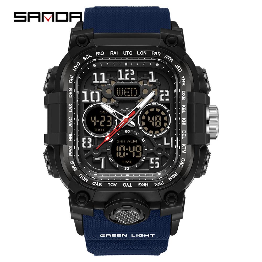 SANDA Men's Outdoor Sport Wristwatch Big Dial Dual Display Luminous Waterproof TPU Band Chronograph Calendar Male Watch