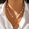 Vintage Punk Gold Plated Imitation Pearl Portrait Coin Pendant Necklace for Women Multilayer Evil Eye Palm Choker Party Jewelry
