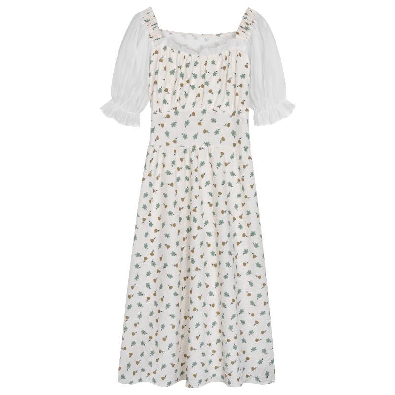 Bubble sleeve floral dress summer Japanese and Korean small fragrant style splicing square neck short sleeve waist medium and long A-shaped skirt